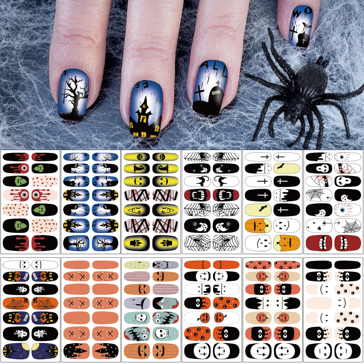 Sogayu Halloween Nail Wraps - 12 Sheets Self-Adhesive Pumpkin & Bat Designs With Nail Files