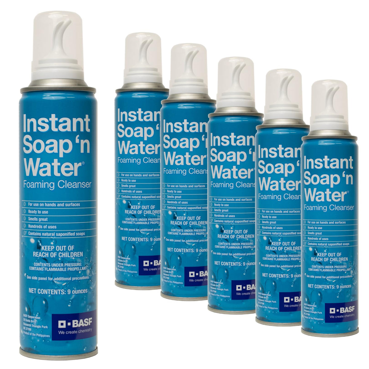 Basf Instant Soap 'N Water Foaming Hand Cleanser, 6 Pack, No Rinse, Travel Size, 9 Oz