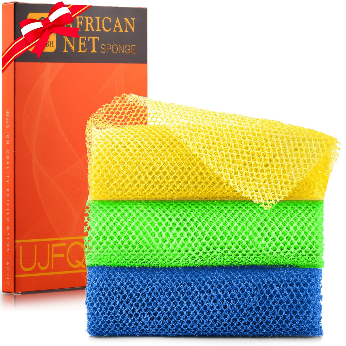 Ujfqbh 3-Pack African Exfoliating Net Bath Sponge - Yellow, Green, Blue Body Scrubber