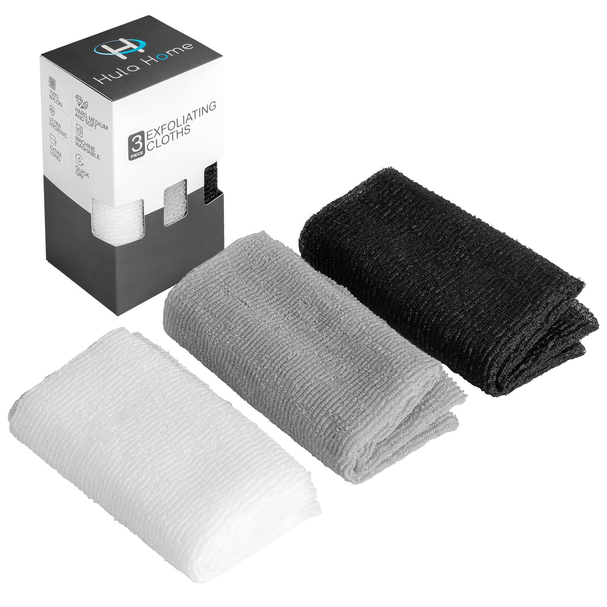 Hula Home Exfoliating Body Washcloth Set - 3 Nylon Scrub Cloths, Soft, Medium & Hard