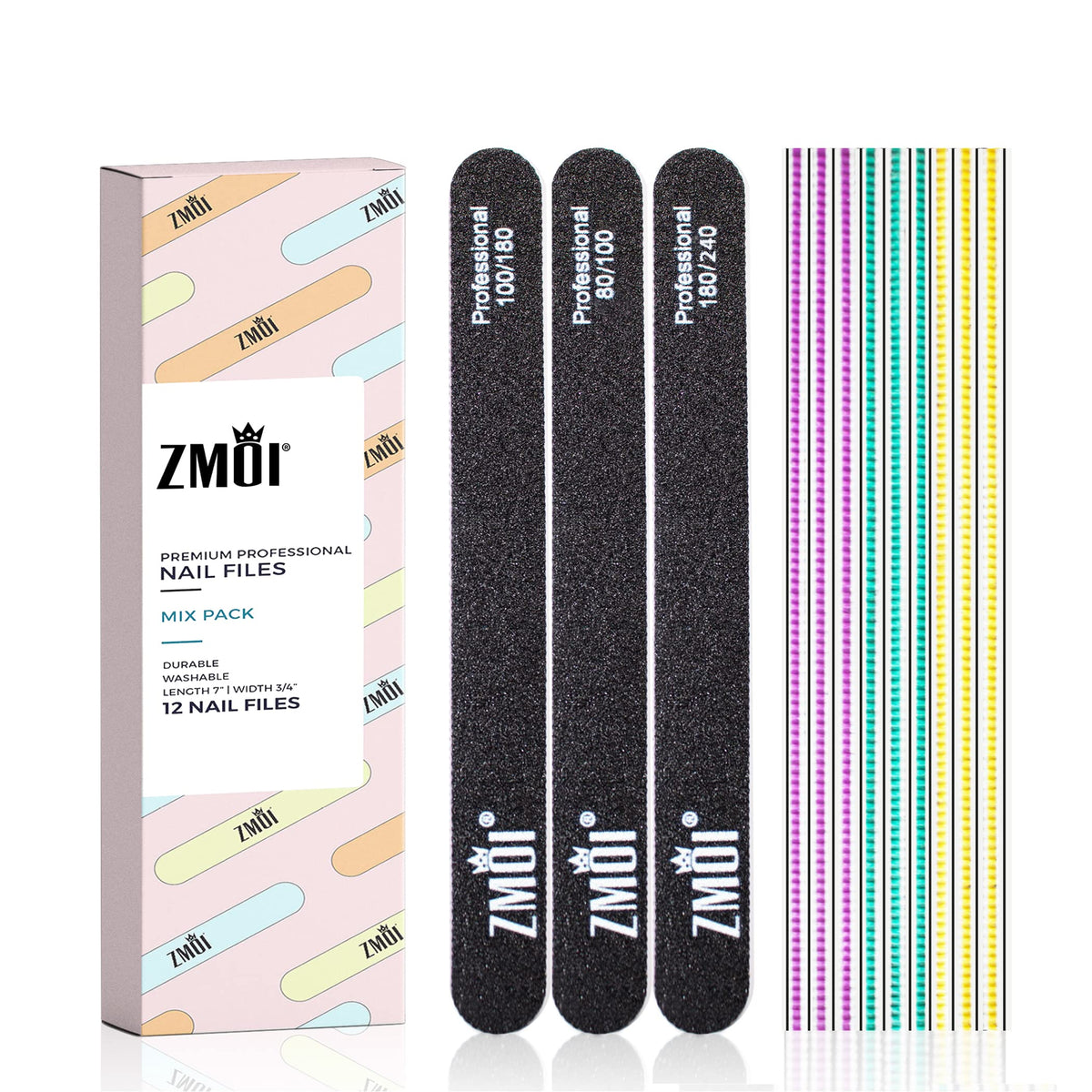 Zmoi 12 Pcs Professional Nail Files - Washable Double Sided Emory Boards For Natural/Acrylic Nails