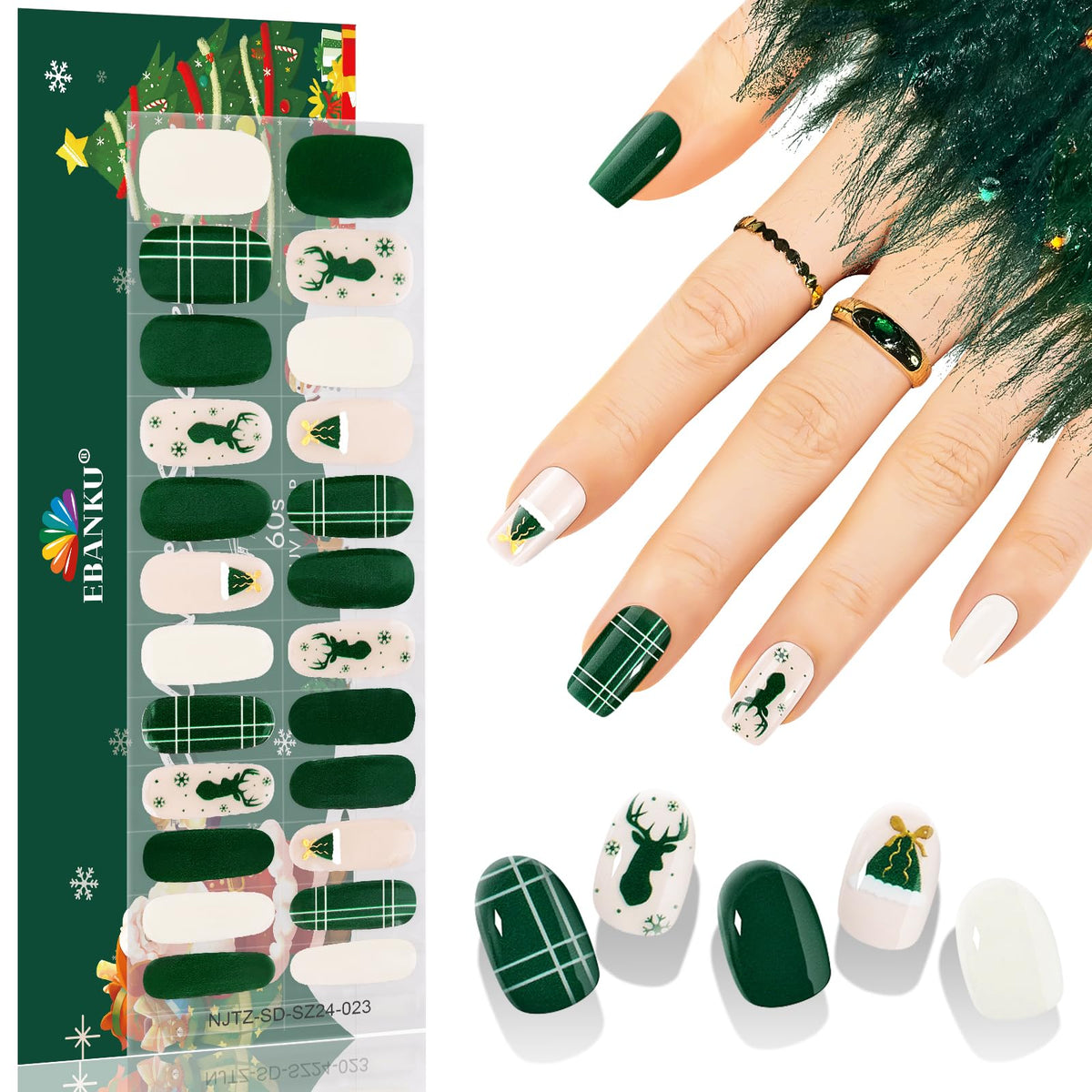 Ebanku 24Pcs Christmas Gel Nail Strips, Deer Horn Self-Adhesive Nail Art Stickers