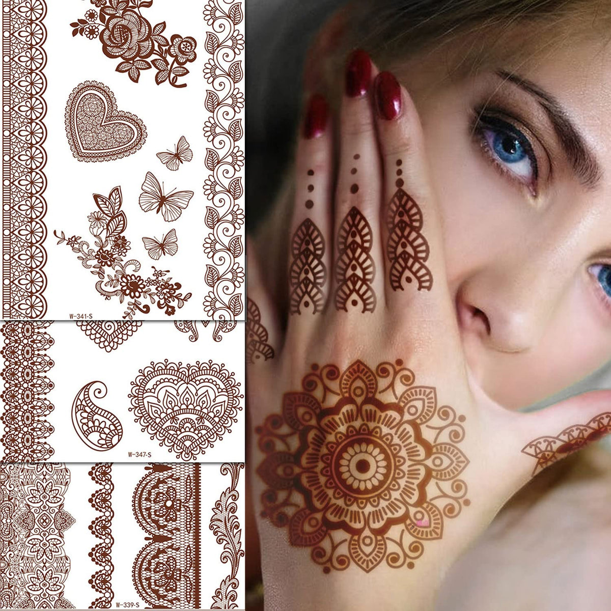 Kasuwa Brown Henna Temporary Tattoos - Waterproof Stickers For Weddings & Festivals, 6 Sheets