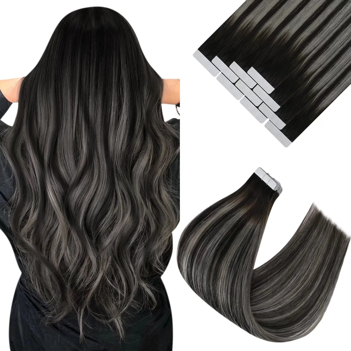 Ve Sunny Tape In Human Hair Extensions - Black To Silver Ombre, 22&quot;, 10Pcs, 25G Remy Hair