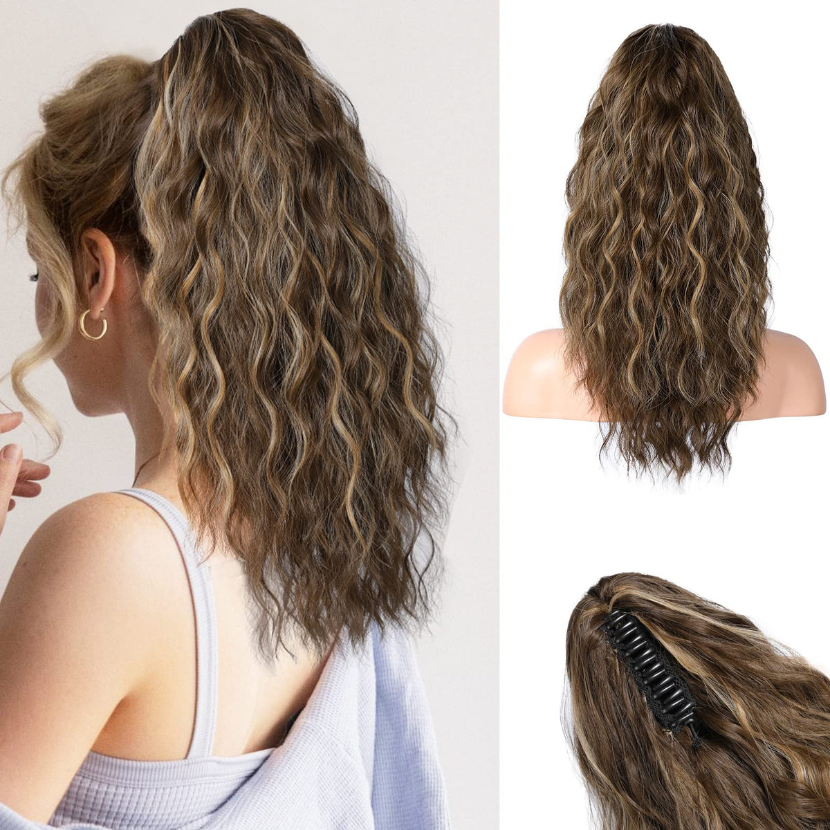 REECHO 18 Inch Claw Clip Ponytail Extension - Chocolate Brown with Blonde Highlights, Curly Synthetic Hair