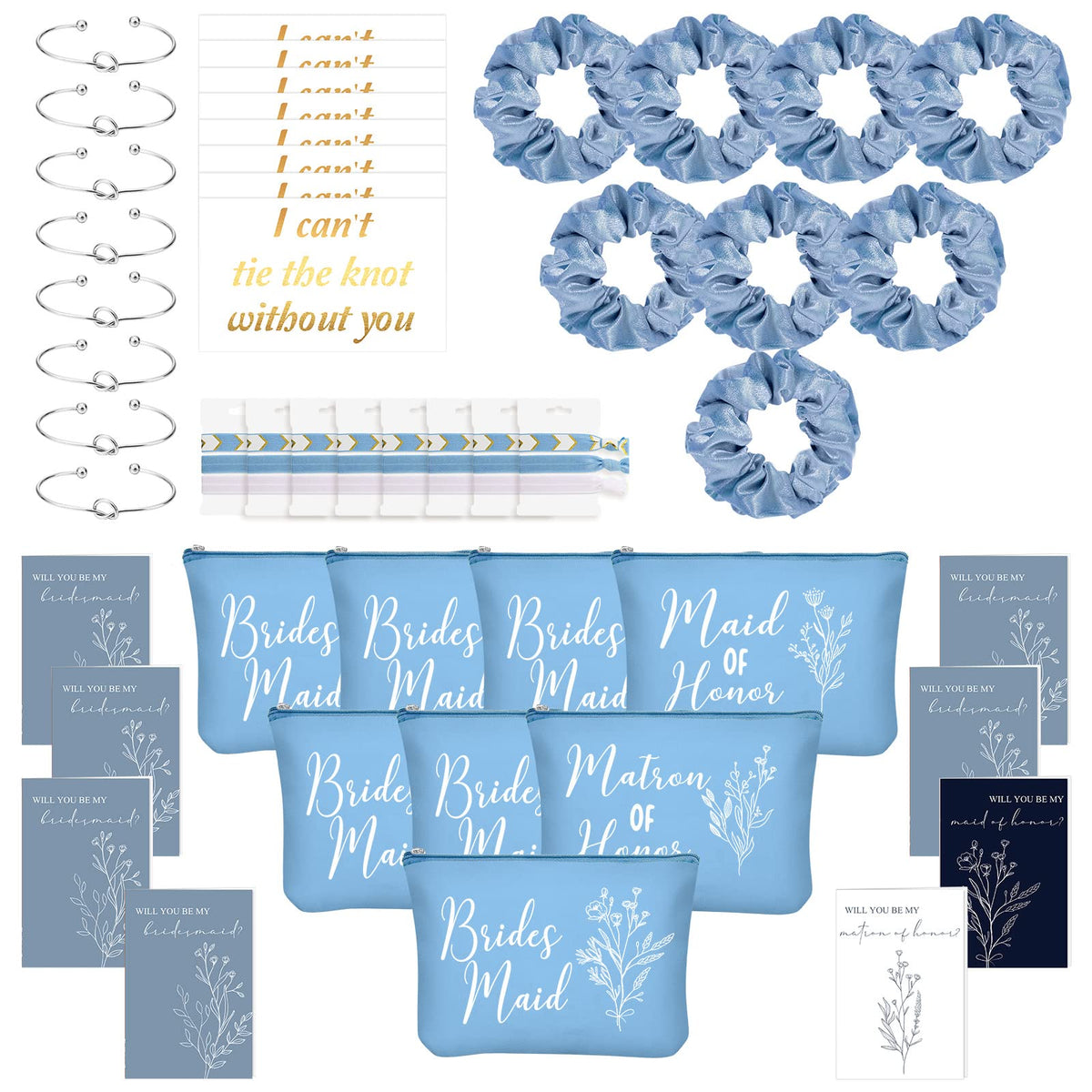 Cunno 48 Pcs Bridesmaid Proposal Gifts - Blue Cosmetic Bags, Scrunchies & Bracelets Set