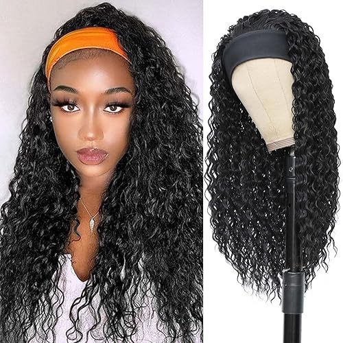 Aksice 28 Inch Curly Headband Wig for Black Women - Synthetic, Glueless, Heat Friendly