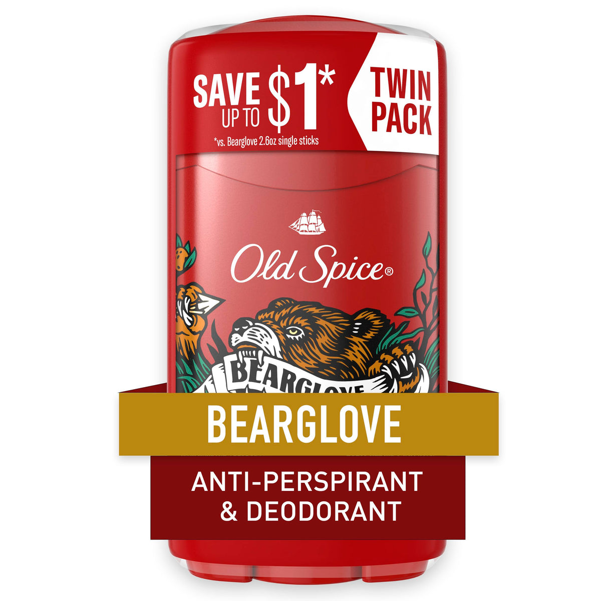 Old Spice Antiperspirant & Deodorant For Men, Bearglove Scent, Twin Pack, 2 X 2.