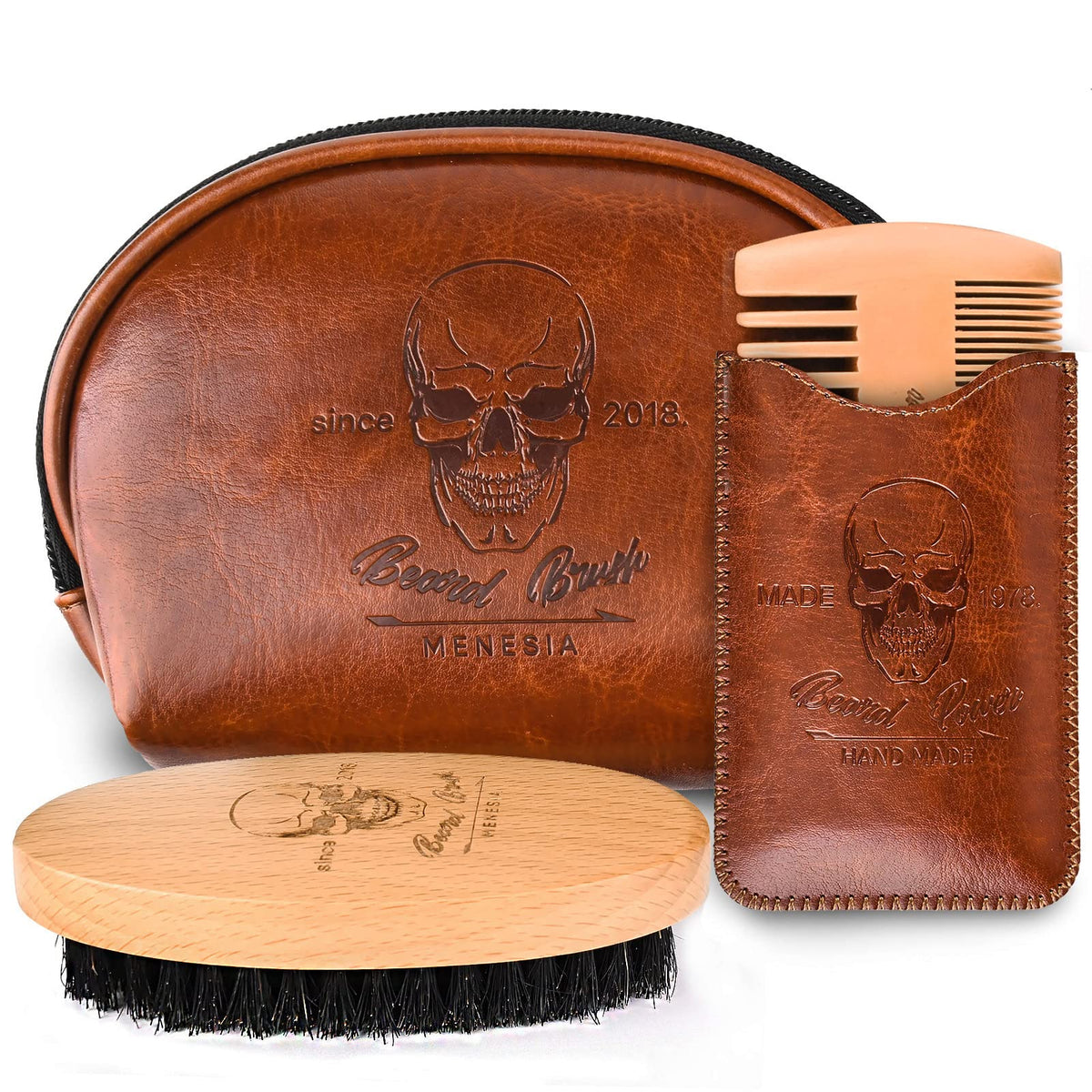 Menesia Beard Brush & Comb Set - Boar Bristle Kit With Leather Travel Bag For Men