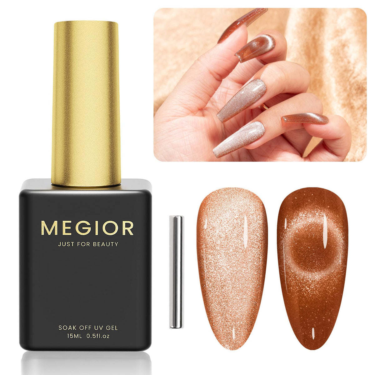 Megior Cat Eye Orange Gel Nail Polish 15Ml - Holographic Magnetic Nail Art, Soak Off, Diy