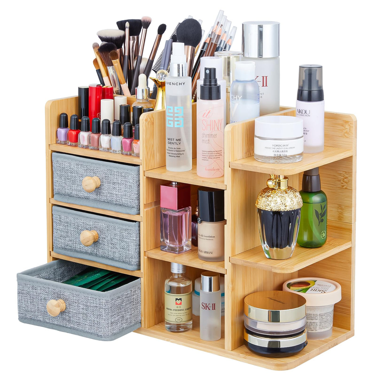 X-Cosrack Bamboo Makeup Organizer With 3 Brush Holders, 3 Drawers, And 7 Storage Shelves