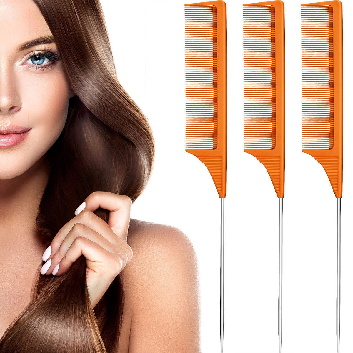 Leinuosen 3 Packs Rat Tail Comb Set - Heat Resistant Carbon Fiber & Stainless Steel, Orange