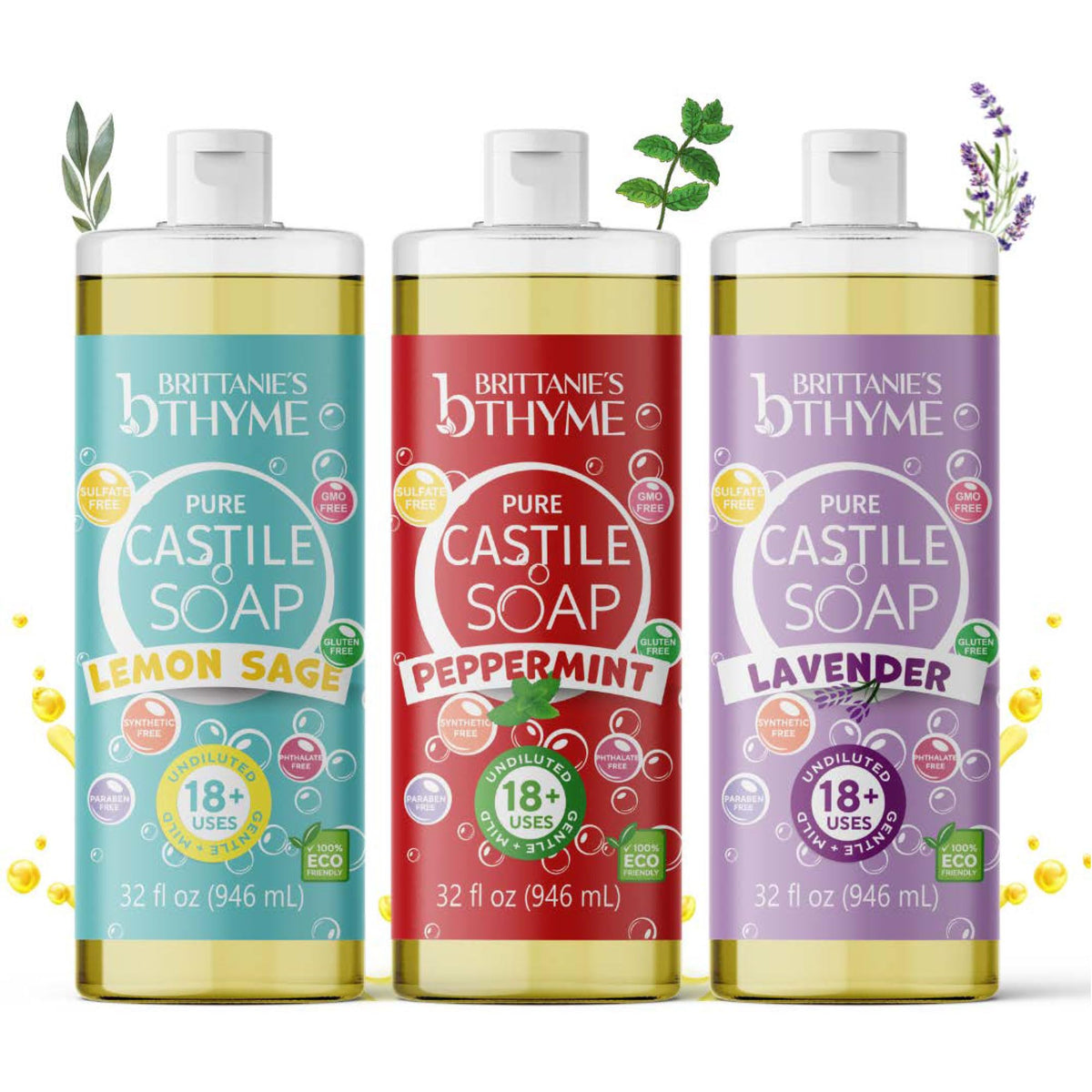 Brittanie'S Thyme Pure Castile Liquid Soap Refill - Gentle Vegan Hair & Body Wash, 32 Oz, Lavender/Pep