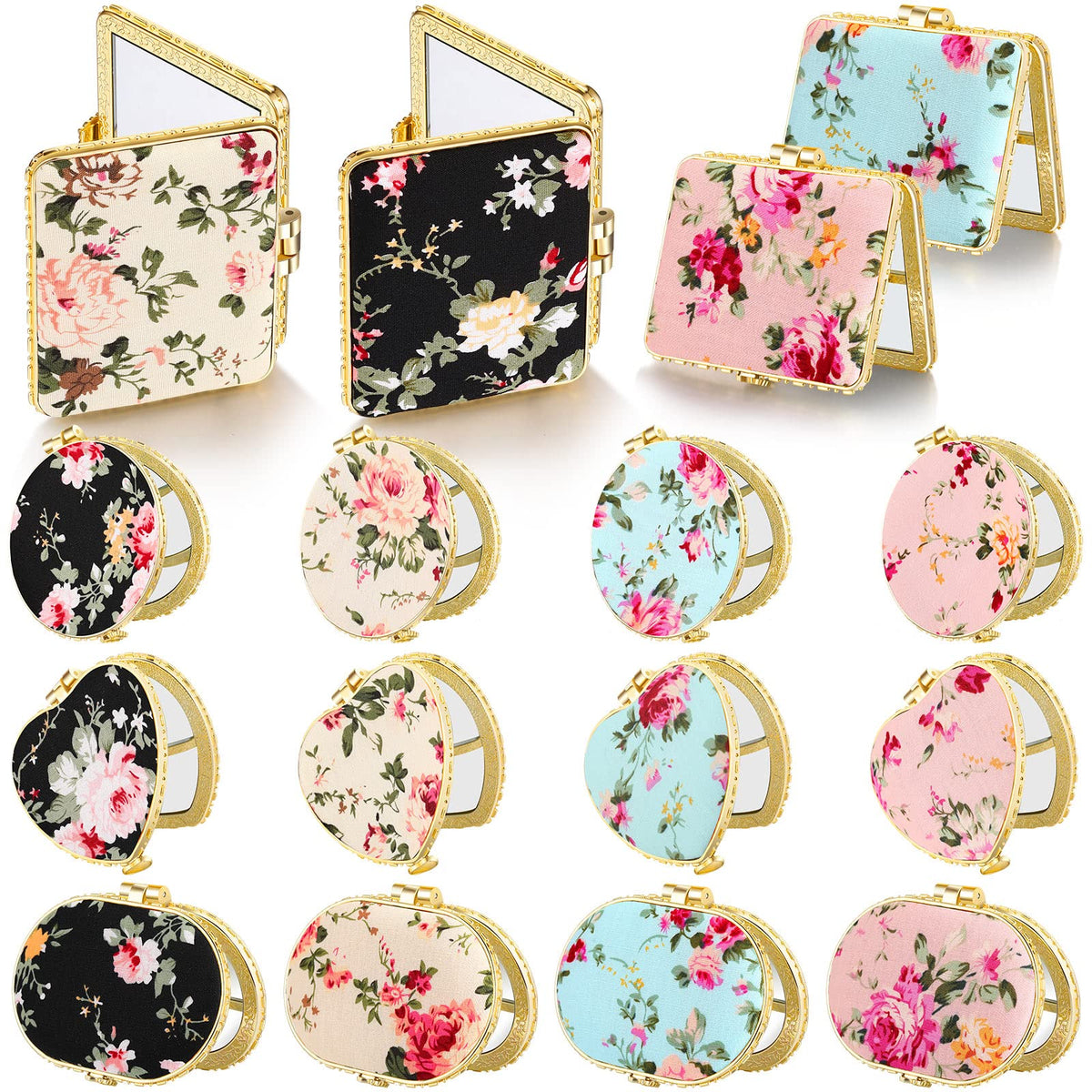 Blulu 16 Pcs Floral Compact Mirror Set, Gold Edge Pocket Mirror For Makeup & Tea Party Favors