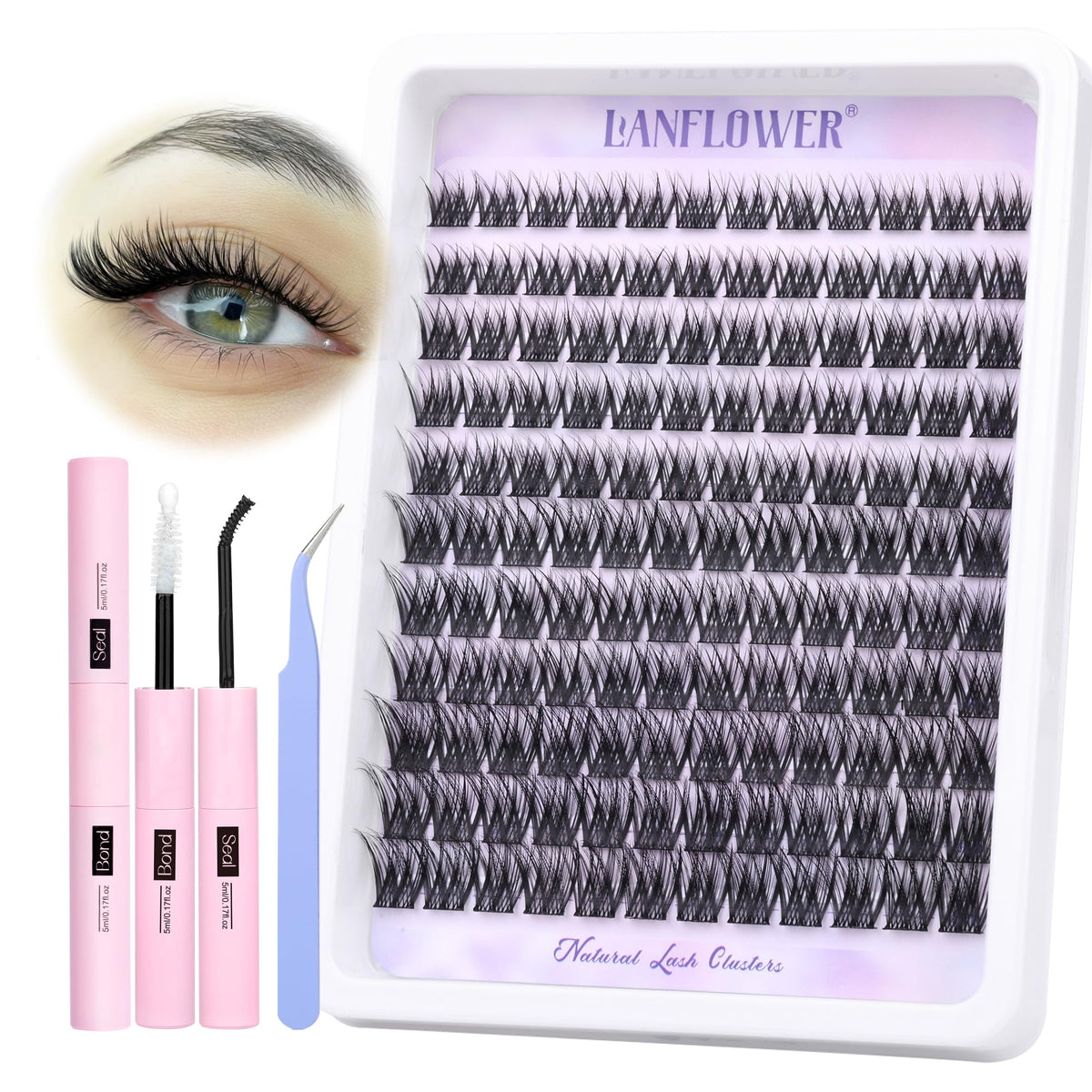 Lanflower Lash Extension Kit - Natural Waterproof Wispy C Curl Clusters, 10-16Mm Individual Lashes