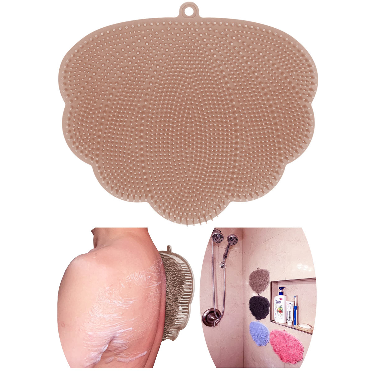 Weuse Silicone Back Scrubber – Hands-Free Shower Washer, Foot Massager, Easy Clean, Khaki