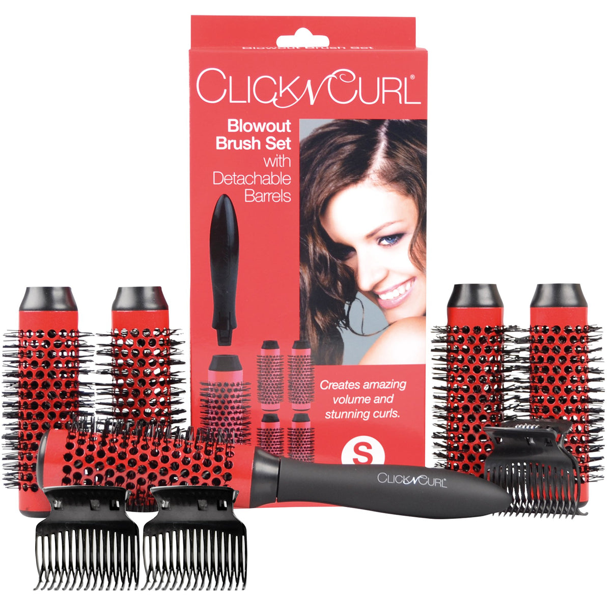 Click N Curl Blowout Brush Set - 5 Ceramic Barrels & Universal Handle for Small Blowouts