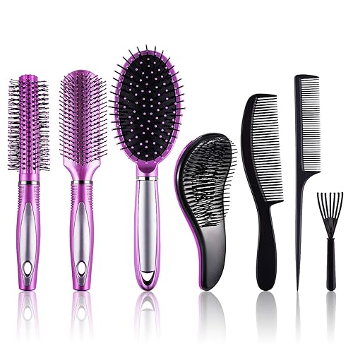 SIQUK 7 Pcs Hair Styling Set - Round, Paddle, Detangling Brushes for Men & Women, Purple/Black