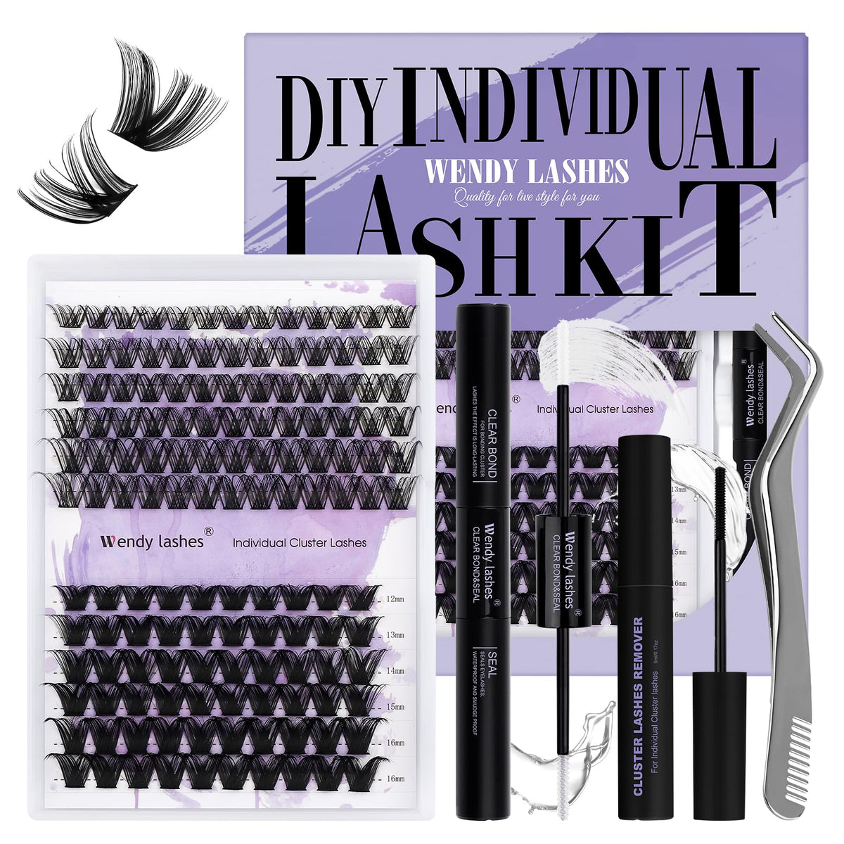 Wendy Lashes Diy Lash Extension Kit - C/D Curl Individual Lashes, Waterproof Bond & Seal Glue