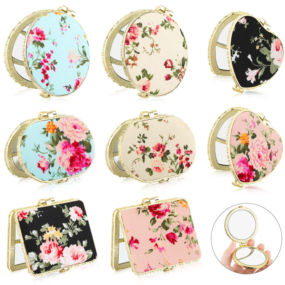 Blulu Floral Compact Mirror - 8 Pieces Gold Edge Portable Makeup Mirror For Women & Girls