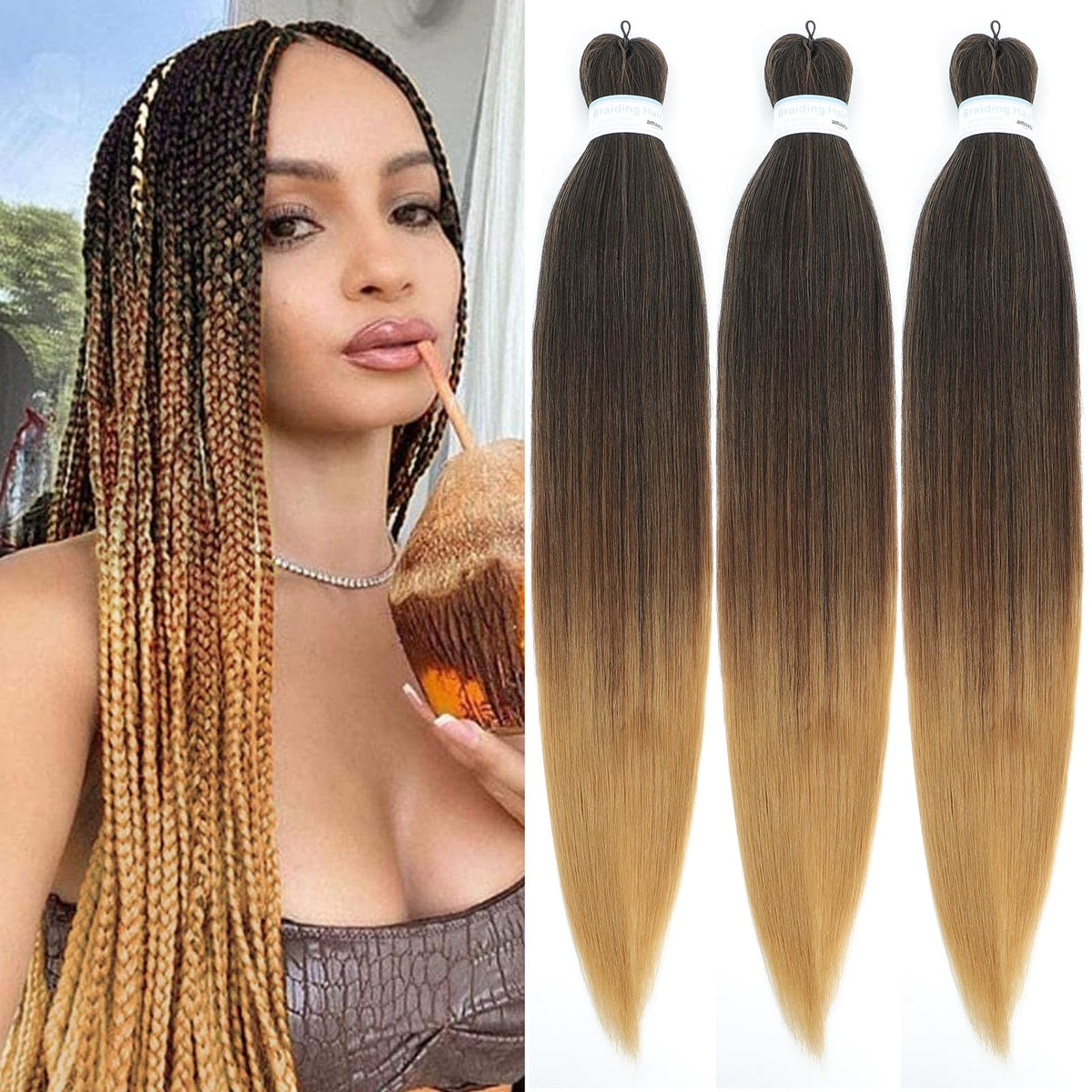 Roalnce 24&quot; Ombre Brown Pre-Stretched Braiding Hair For Knotless Box Braids, 3 Packs