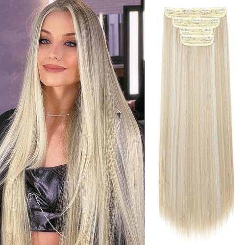 REECHO 28&quot; Ash Blonde Highlight Clip-in Hair Extensions - 4 PCS Thick Synthetic Set