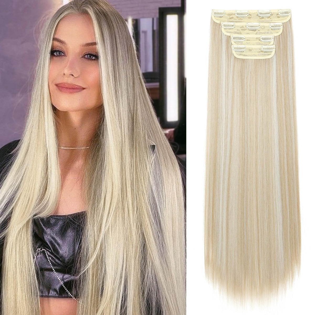 REECHO 20&quot; Ash Blonde Highlights Clip-In Hair Extensions - 4 PCS Set, Thick Synthetic Hair