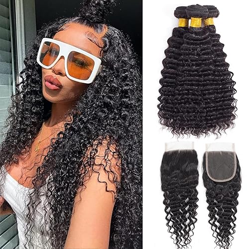 FASHION VILA Deep Wave Bundles with Closure, 100% Brazilian Virgin Human Hair, 16-20&quot;