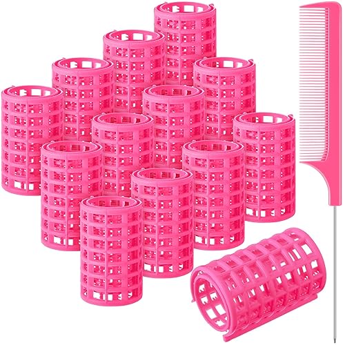 Syhood 12 Pack Large Pink Plastic Hair Rollers with Rat Tail Comb for Long Hair Styling