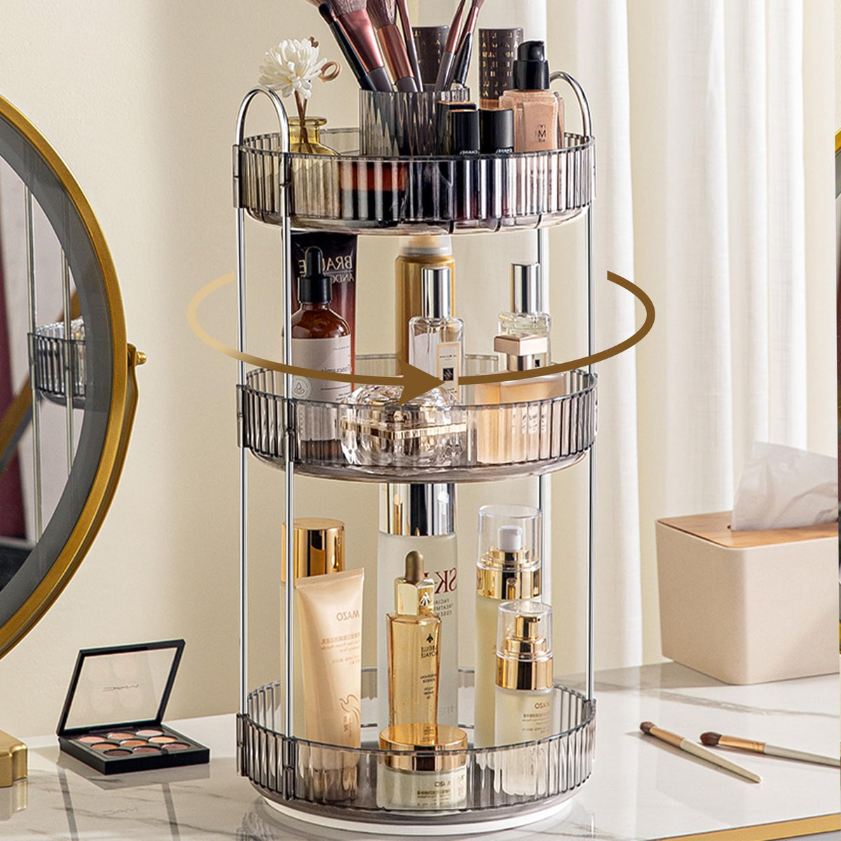 Aveniee 360° Rotating Makeup Organizer - 3 Tier Skincare & Cosmetic Storage In Suya Grey