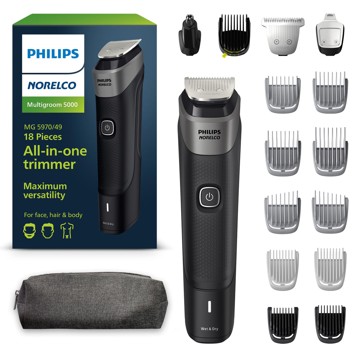 Philips Norelco Multigroom 5000 Series 18-Piece All-In-One Trimmer & Clipper Kit, Black