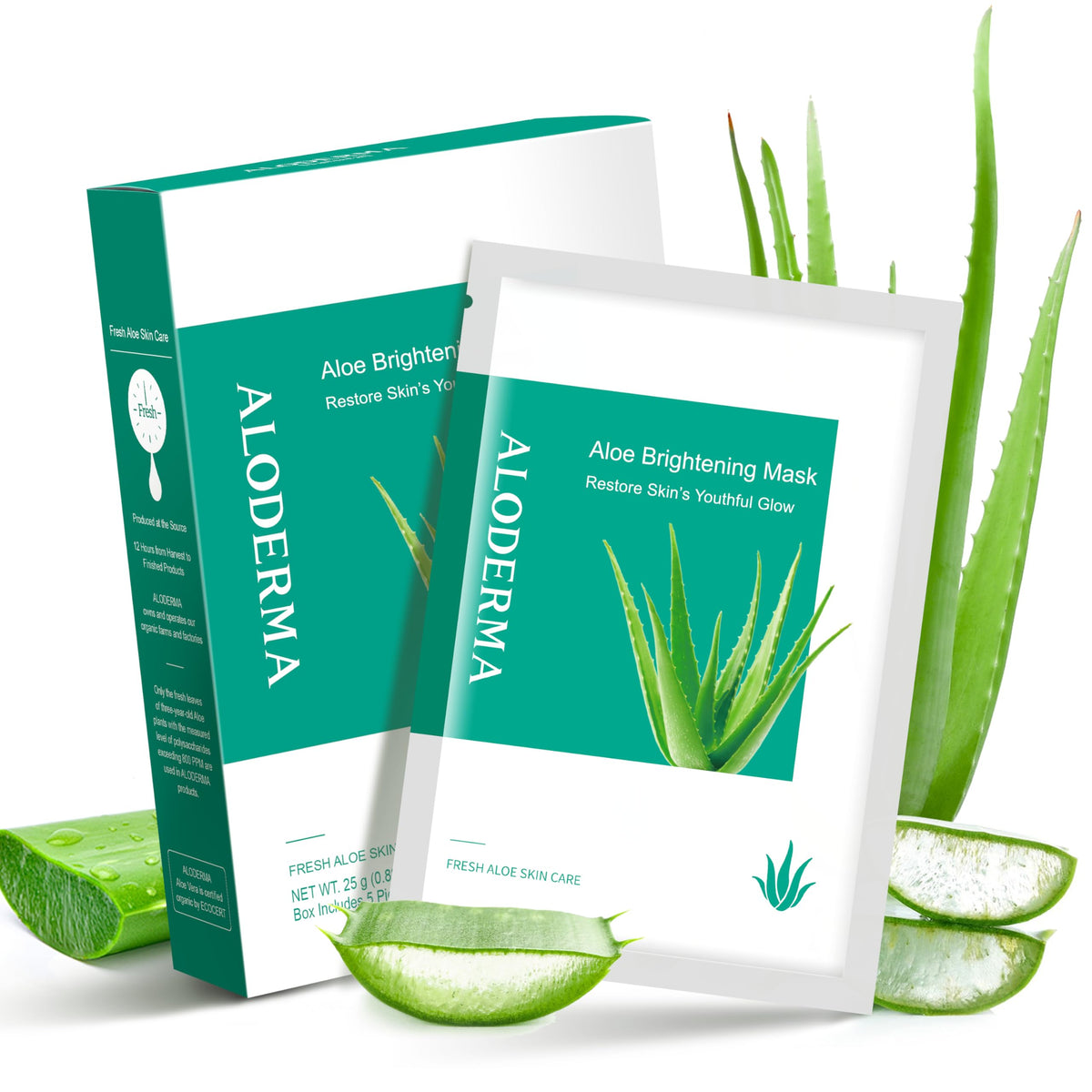 Aloderma Brightening Sheet Masks With 88% Aloe Vera & Niacinamide - 5 Pack For Radiant Skin