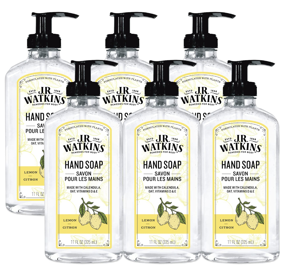 J.R. Watkins Lemon Gel Hand Soap - Scented Liquid Hand Wash, 11 Fl Oz, 6 Pack, Usa Made