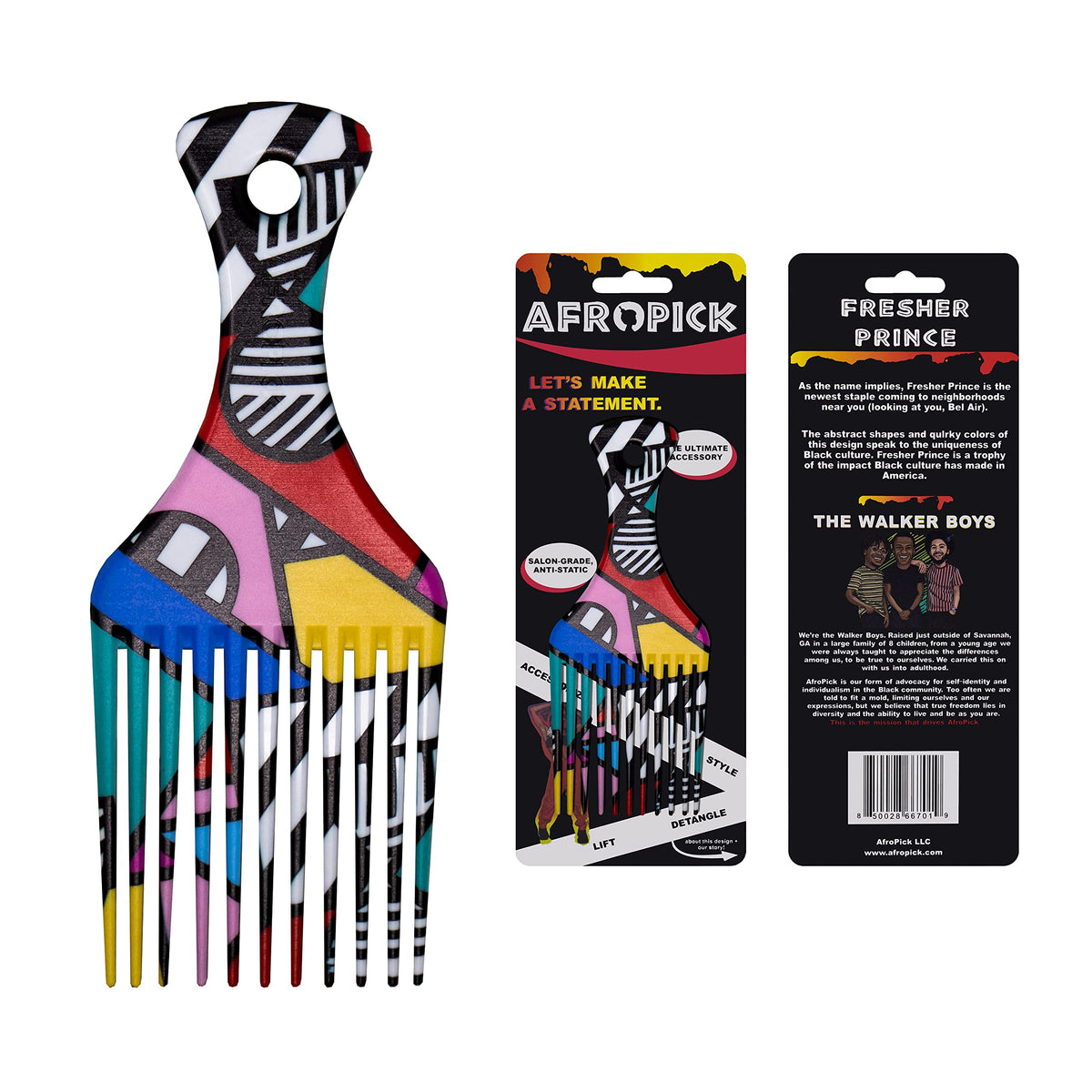 Afropick Anti-Static Plastic Afro Pick Comb For Curly Hair - Multicolor, African Artist Design