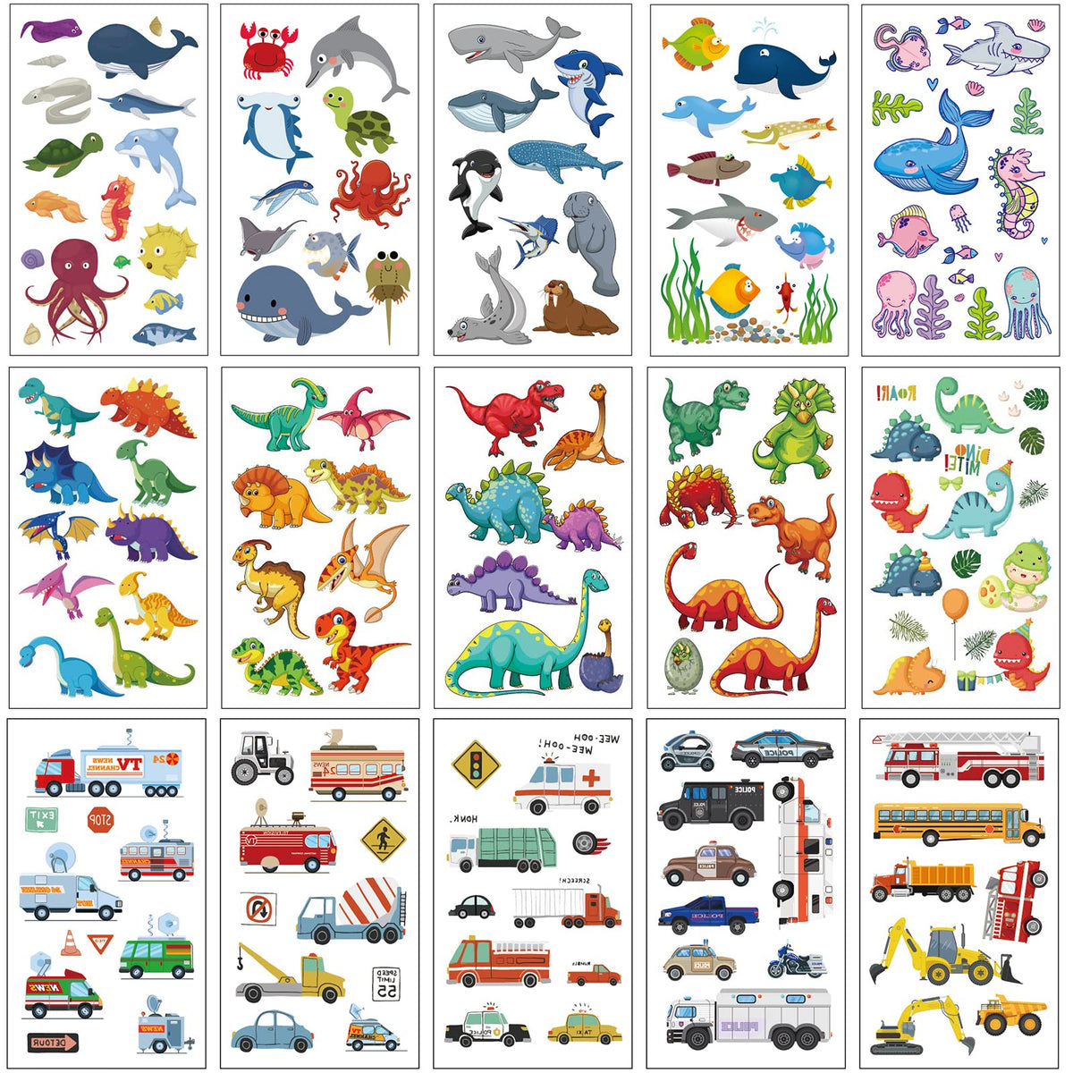 Apeso 30 Sheets Temporary Tattoos Kit For Kids - Waterproof Dinosaur, Sea Animal & Vehicle Stickers