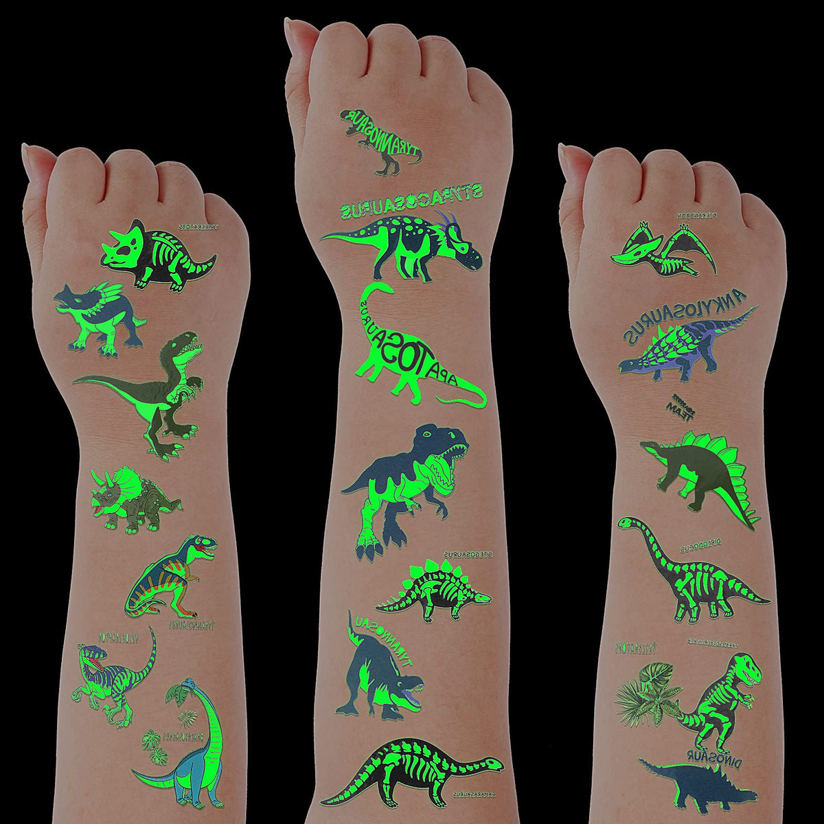 Zonon Glow In Dark Dinosaur Temporary Tattoos For Kids - Waterproof Dino Party Stickers