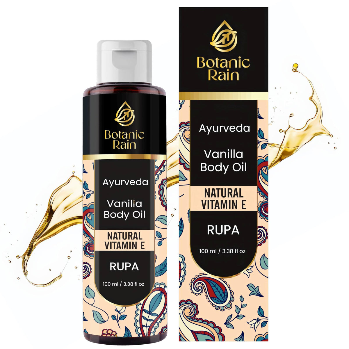 Botanic Rain Ayurveda Vanilla Body Oil - Moisturizing Vitamin E Oil For Crepey Skin, 3.38 Fl Oz