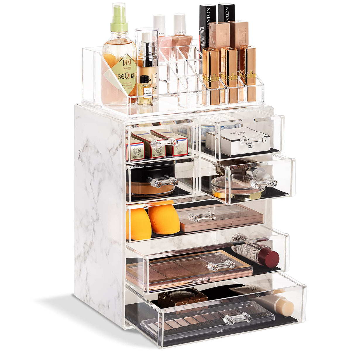 Sorbus Marble Print Makeup Organizer - Clear Acrylic Case With 3 Large & 4 Small Drawers