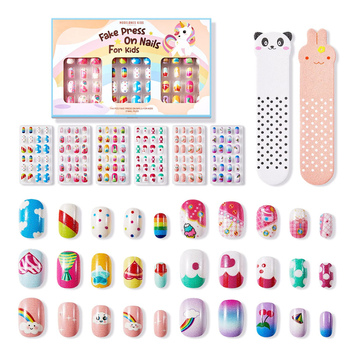 Modelones 144Pcs Kids Press on Nails, Glitter Rainbow Candy Acrylic Fake Nail Art Set