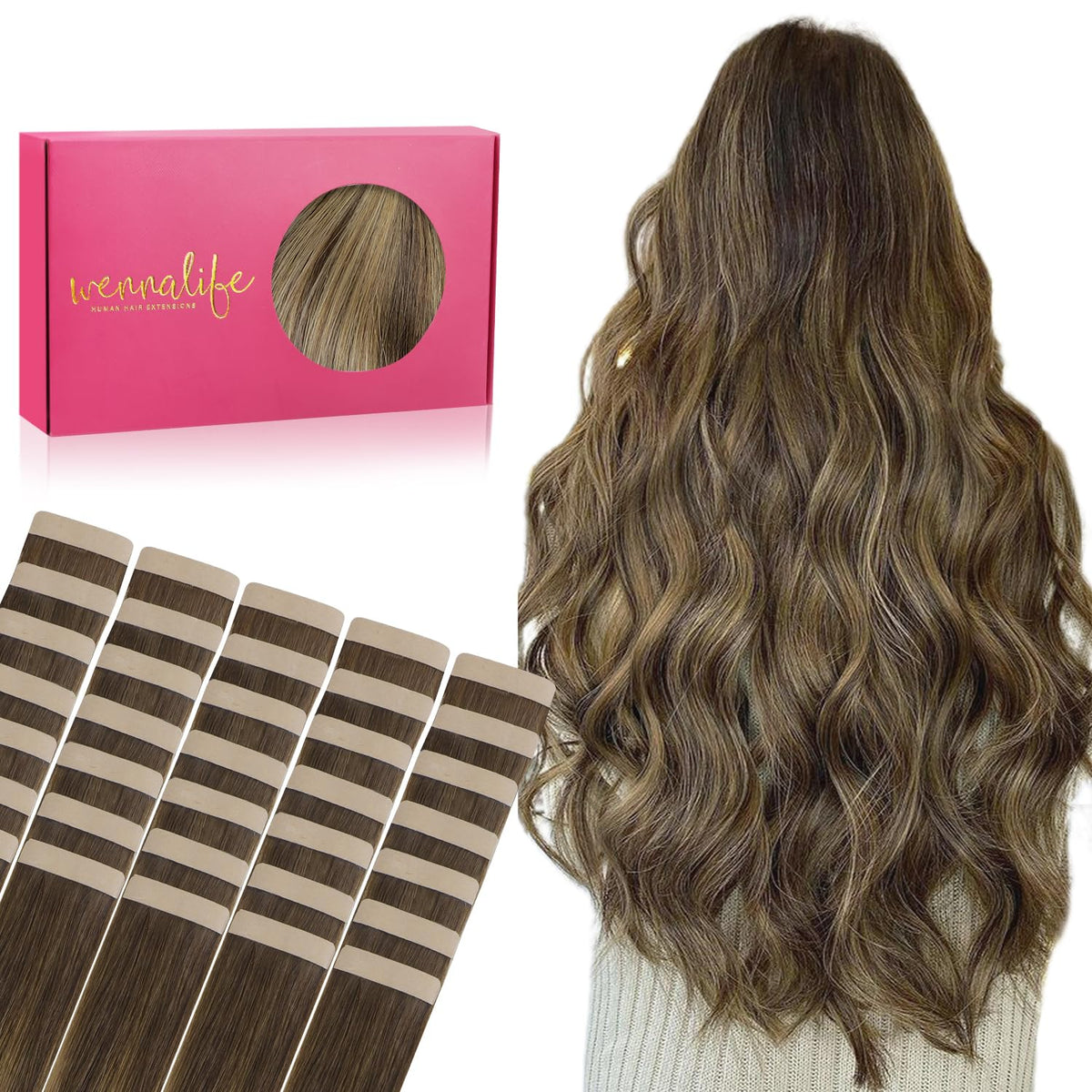 WENNALIFE 16&quot; Balayage Chocolate Brown to Caramel Blonde Tape in Hair Extensions 100g 40pcs