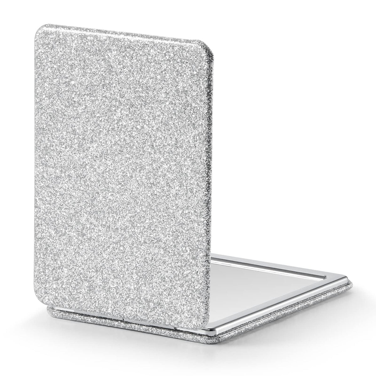 Omiro Silver Compact Mirror - 1X/3X Magnification, Glitter Pu Leather, Ultra Portable 2.4&quot;X3.