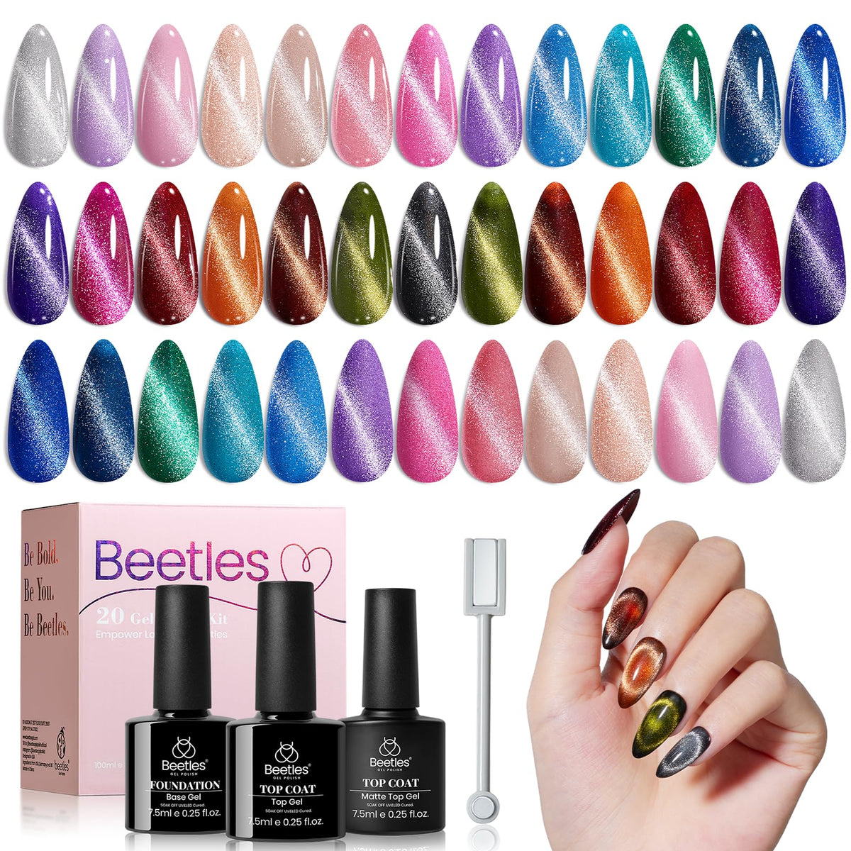 Beetles Cat Eye Gel Nail Polish Set - 20 Colors With Base & Top Coat, Perfect For Diy Nail Art