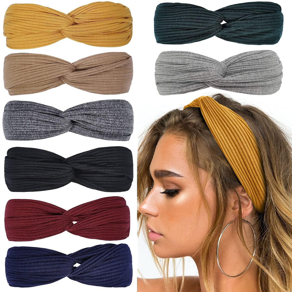 Huachi Twist Knotted Headbands For Women - Stretchy Non-Slip Hair Bands, 8 Count, Lucky Charm