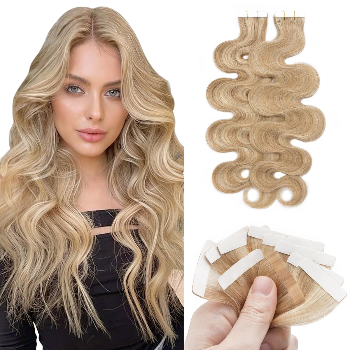 Benehair 12&quot; Remy Tape In Hair Extensions Ash & Bleach Blonde 20Pcs Human Hair Wavy #18P613