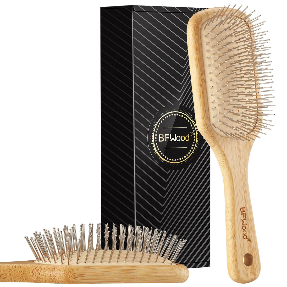 BFWood Bamboo Hair Brush with Steel Bristles for Hair Growth & Scalp Massaging, Brown