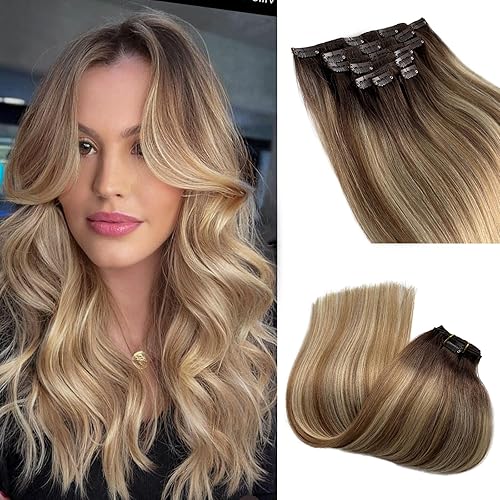 Licoville 18&quot; Blonde Balayage Clip in Hair Extensions - Ash Brown & Light Blonde Real Human Hair