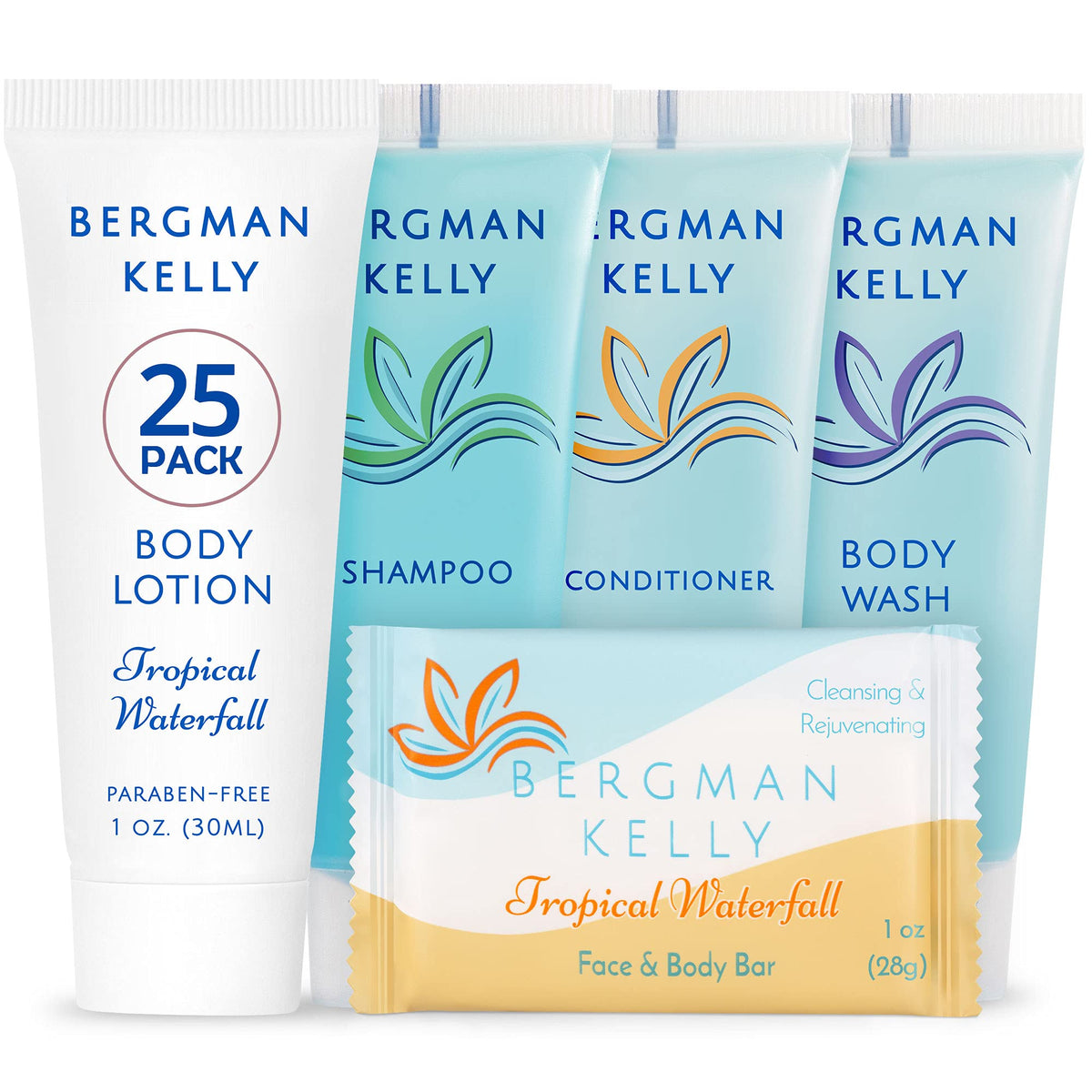 Bergman Kelly Hotel Toiletries Bundle - 5-Piece Set, 125 Mini Amenities, Tropical Waterfall