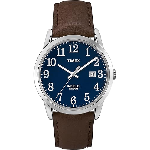 Timex Men'S Easy Reader 38Mm Watch, Silver-Tone Case, Blue Dial, Brown Leather Strap