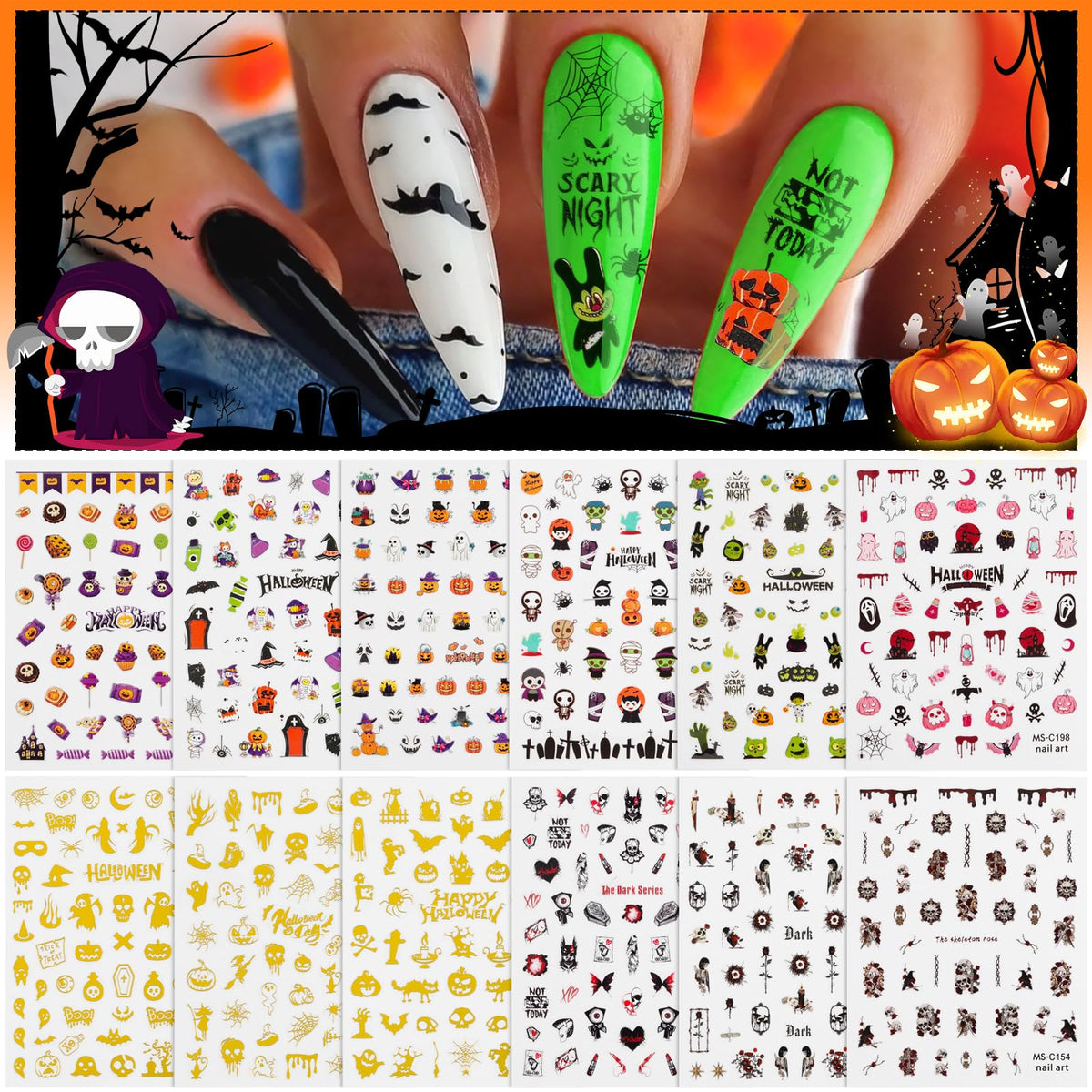 Kalolary Halloween Nail Art Stickers - 3D Self-Adhesive Decals With Pumpkin, Bat, Ghost, Witch (12