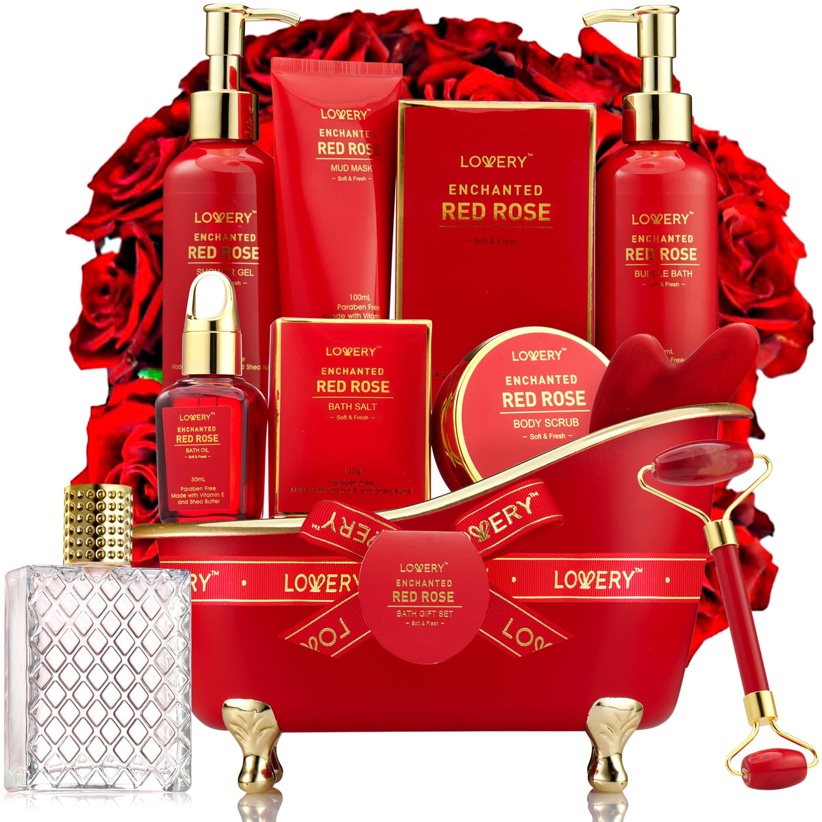 Lovery Red Rose Valentine'S Day Spa Gift Basket For Her - Relaxation Set With Perfume & Jade Roller